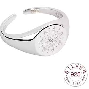 NEW Unisex White Gold Plated S925 Diamond Melee Star Signet Ring, Adjustable